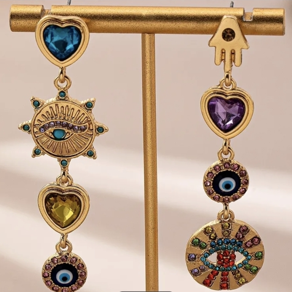 Bohemian Gold Evil Eye Multicolor Dangle Earrings